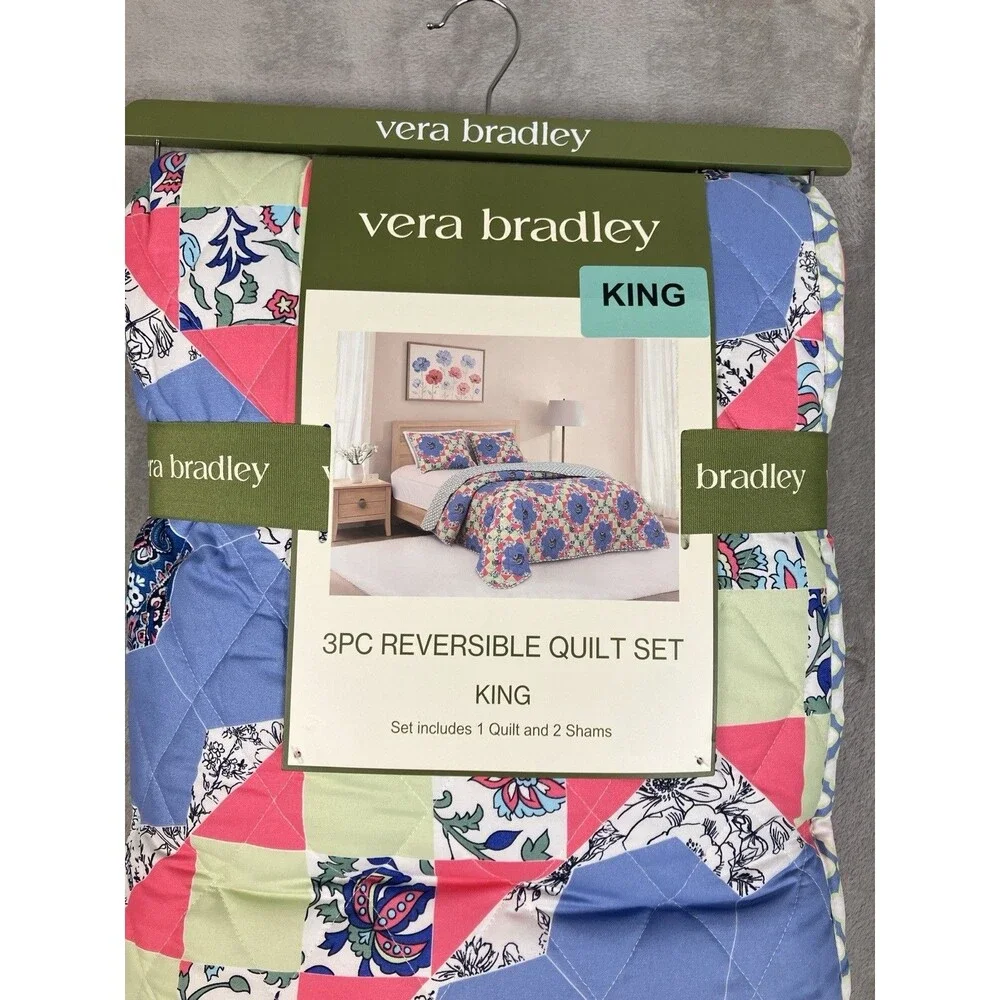 Vera Bradley King Quilt Set 3 Piece Reversible Floral Patchwork Blue Green Shams